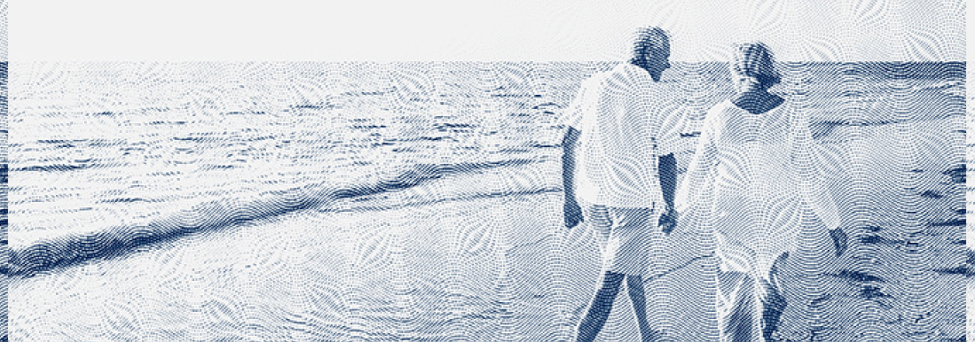 A man and a woman walking along the shoreline. They are both wearing white clothing and holding hands. The image is overlaid with a blue mezzotint pattern reminiscent of the texture of dollar bills.