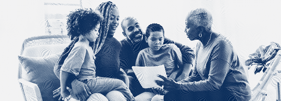 Three generations (grandparents, parents, and grandchildren) of a family are gathered around a piece of paper. The image is overlaid with a blue mezzotint pattern reminiscent of the texture of dollar bills.