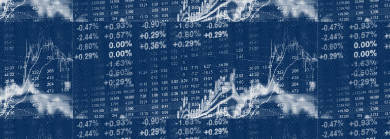 A variety of graphs and charts, tracking economic information. The image is overlaid with a blue mezzotint pattern reminiscent of the texture of dollar bills.