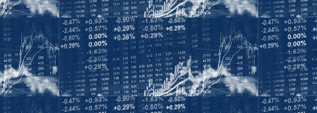 A variety of graphs and charts, tracking economic information. The image is overlaid with a blue mezzotint pattern reminiscent of the texture of dollar bills.