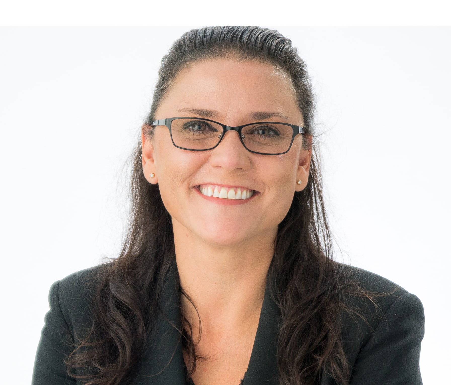 A headshot of associate Donna Cunningham, a woman with long black hair and rectangular glasses, smiling at the camera.