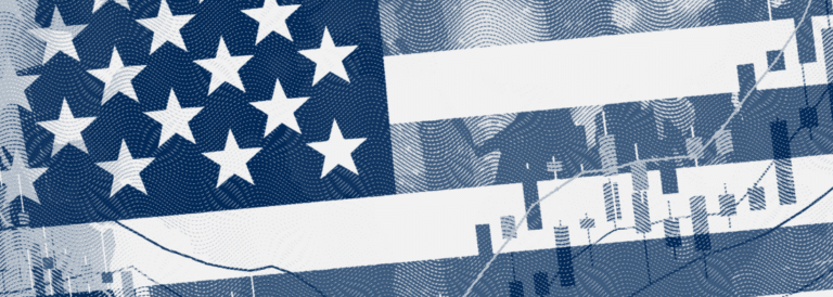 An image of the American flag, overlaid with a blue mezzotint pattern and charts and graphs.