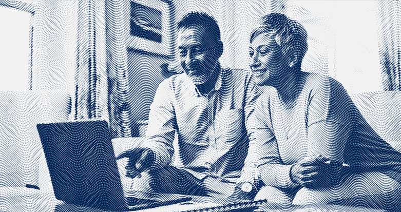 A man and a woman looking at a laptop computer. The image is overlaid with a blue mezzotint texture reminiscent of dollar bills.